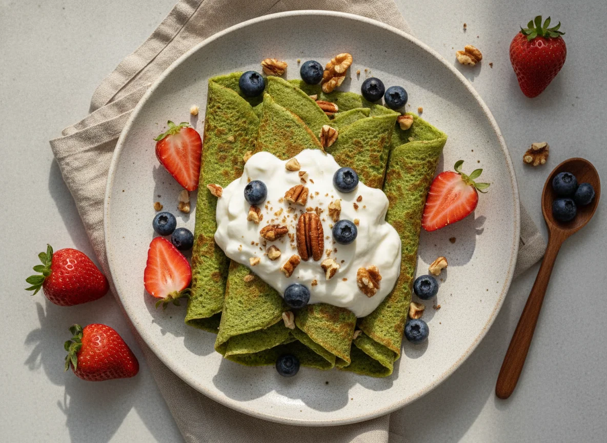 Panqueca de espinafres com frutos vermelhos, iogurte e nozes photo