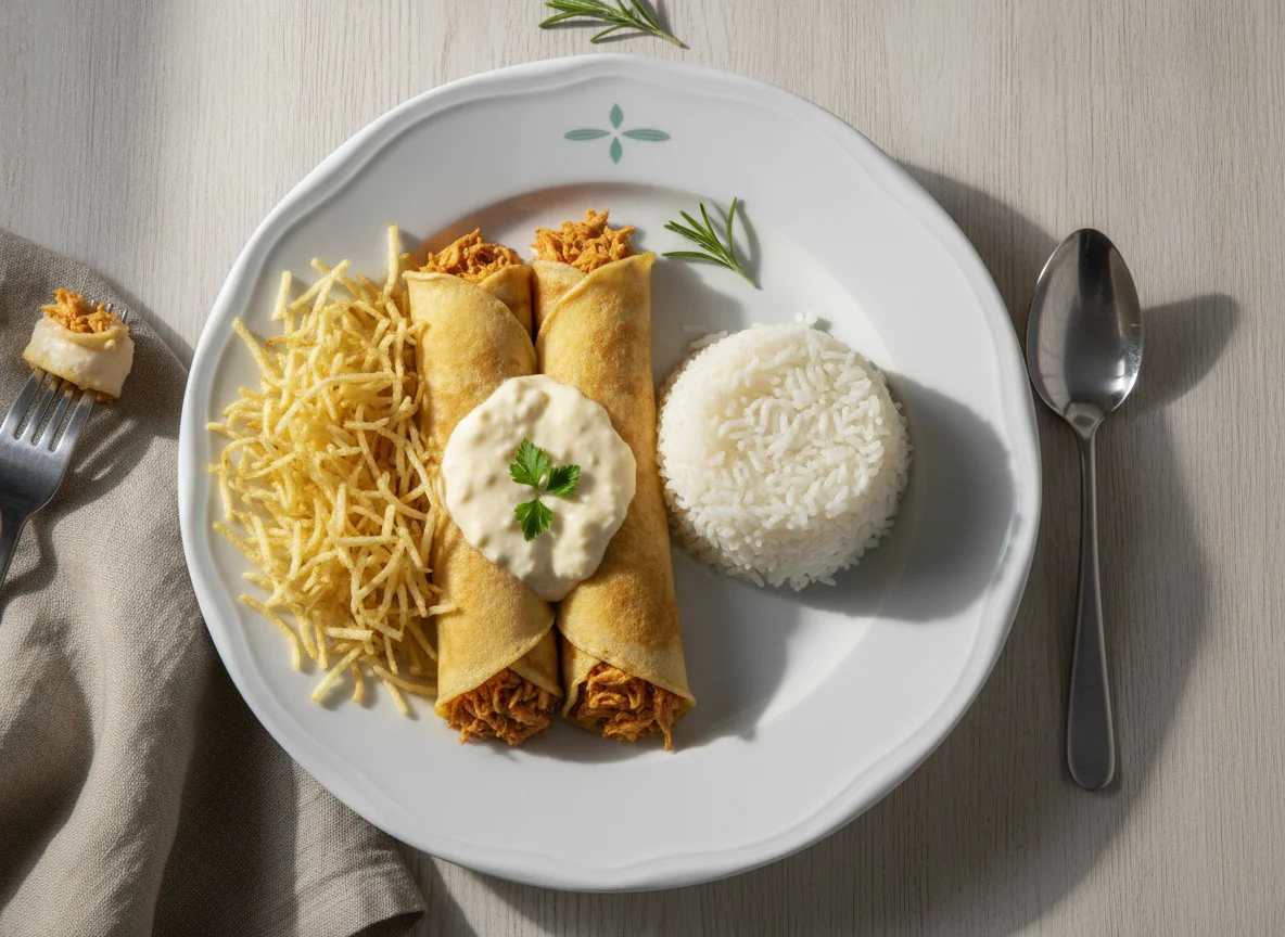 Panqueca de frango com arroz e batata palha photo