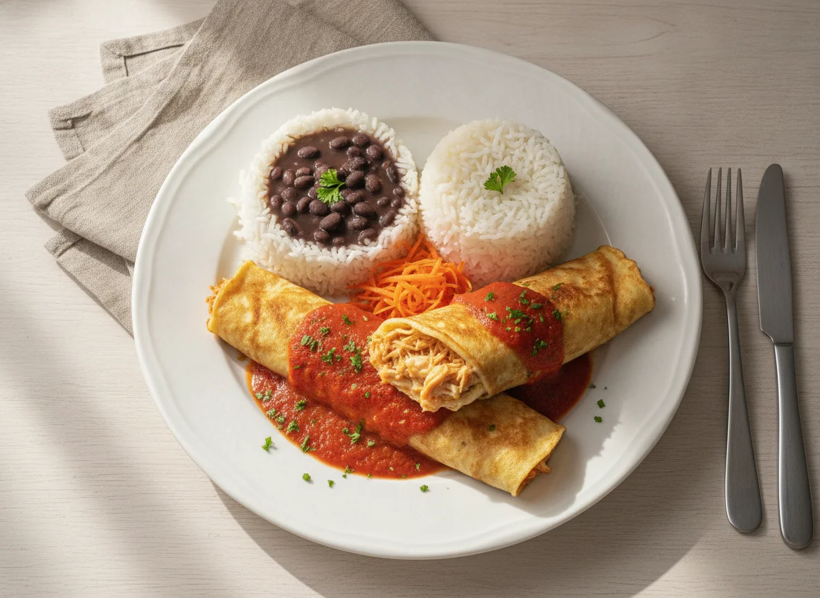 Panqueca de frango com arroz e feijão photo