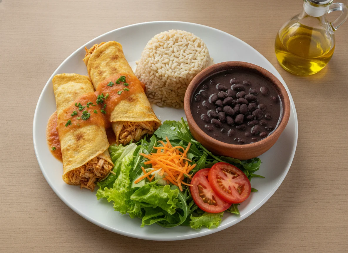 Panqueca de frango com arroz, feijão e salada photo