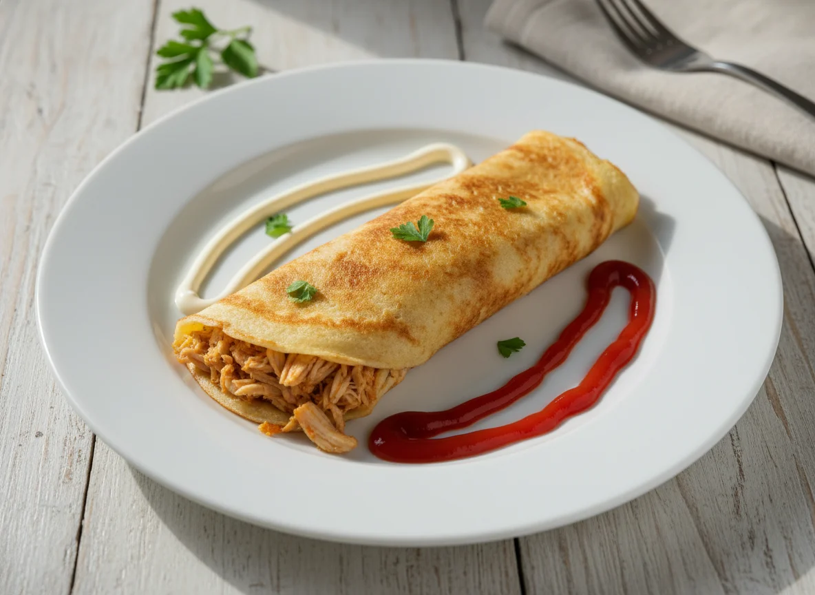 Panqueca de frango com maionese e ketchup photo