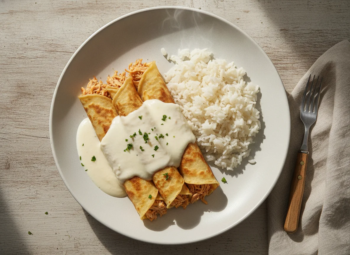 Panqueca de frango com molho branco e arroz photo