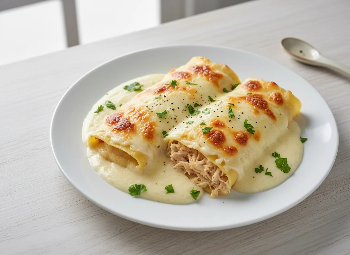 Panqueca recheada com frango e molho branco gratinado photo