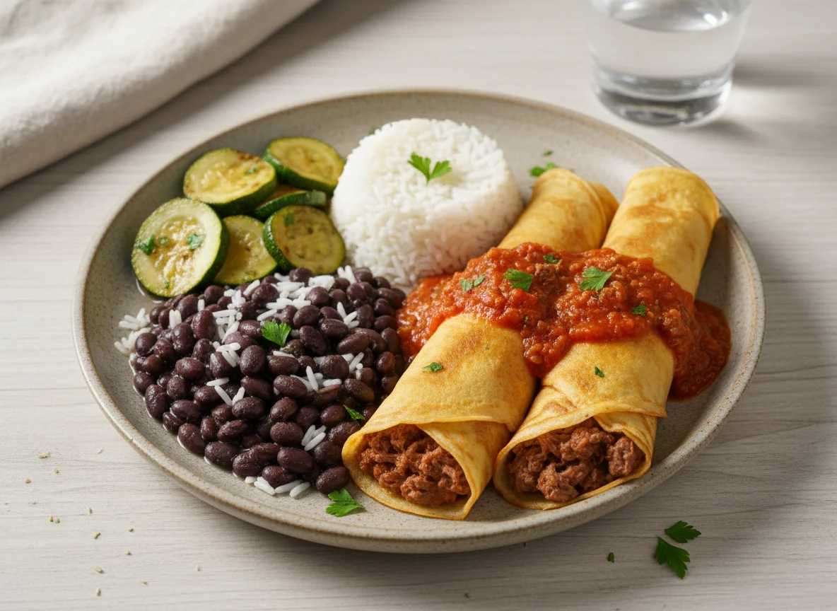 Panquecas com arroz, feijão e abobrinha refogada photo