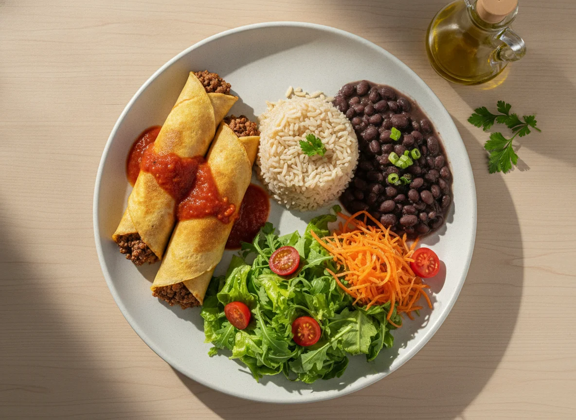 Panquecas com Arroz, Feijão e Salada photo