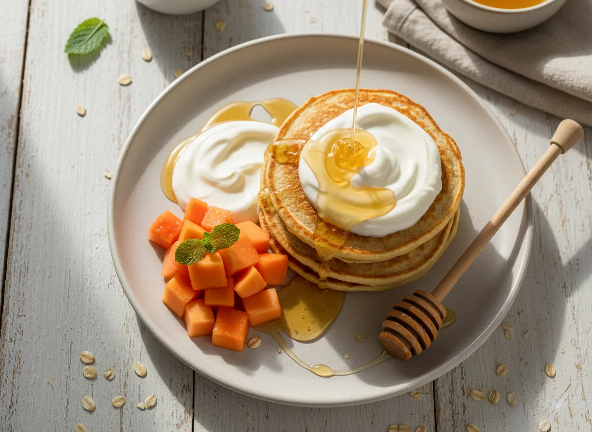 Panquecas de aveia com iogurte, mamão e mel photo