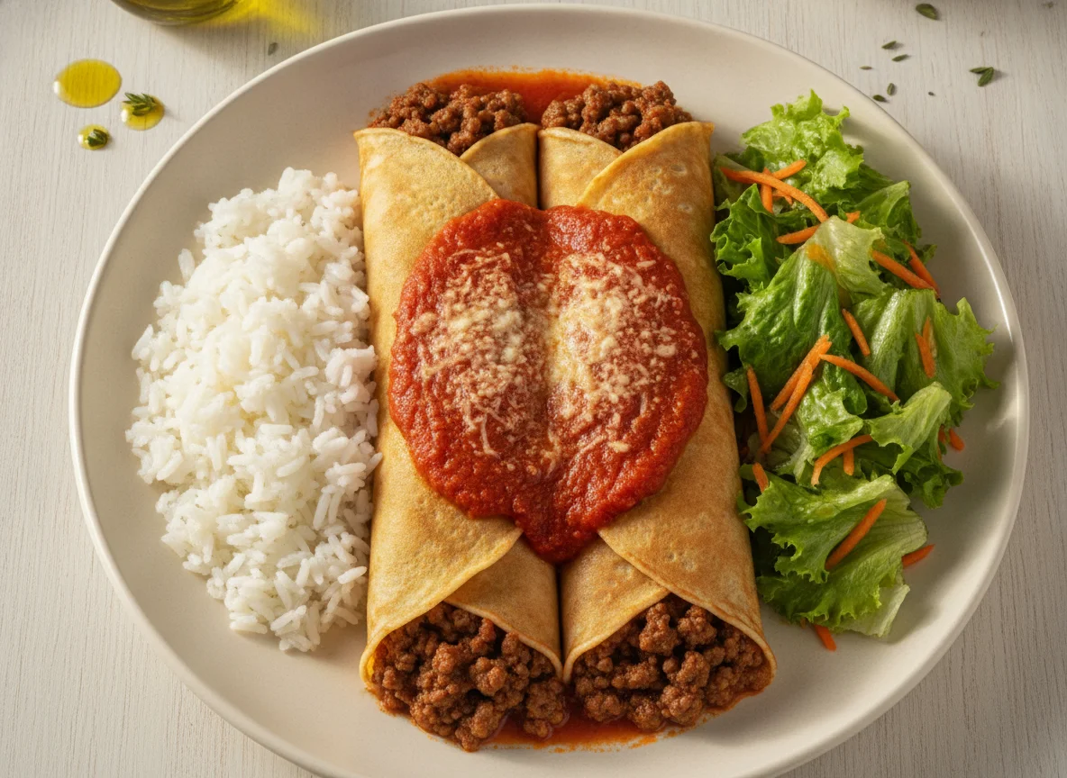 Panquecas de carne com arroz e salada photo