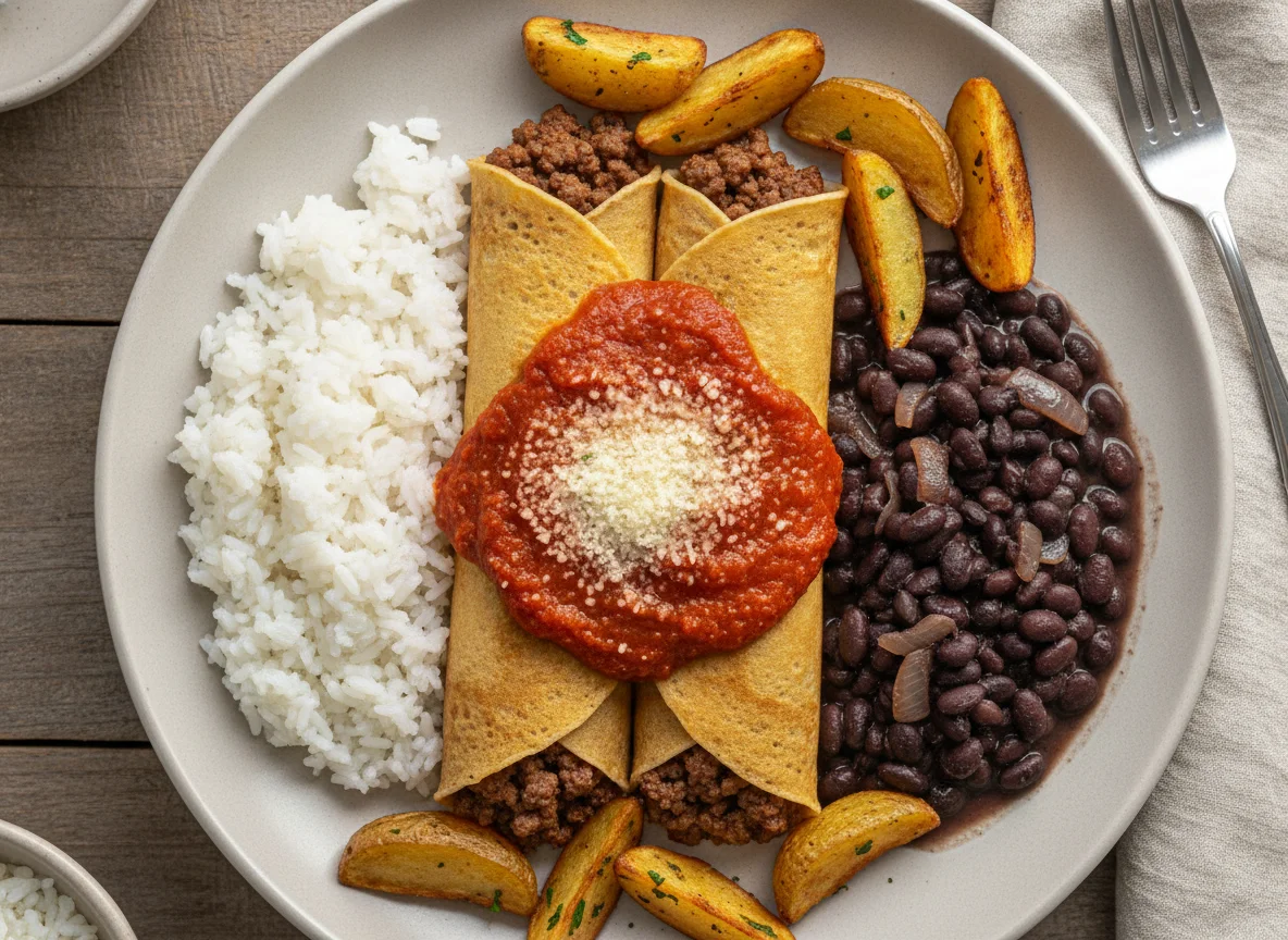 Panquecas de carne com arroz, feijão e batatas photo
