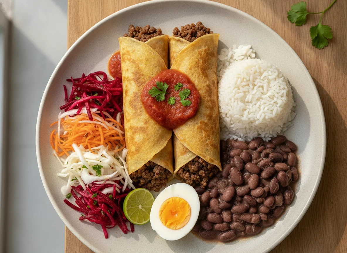 Panquecas de carne com arroz, feijão e salada photo