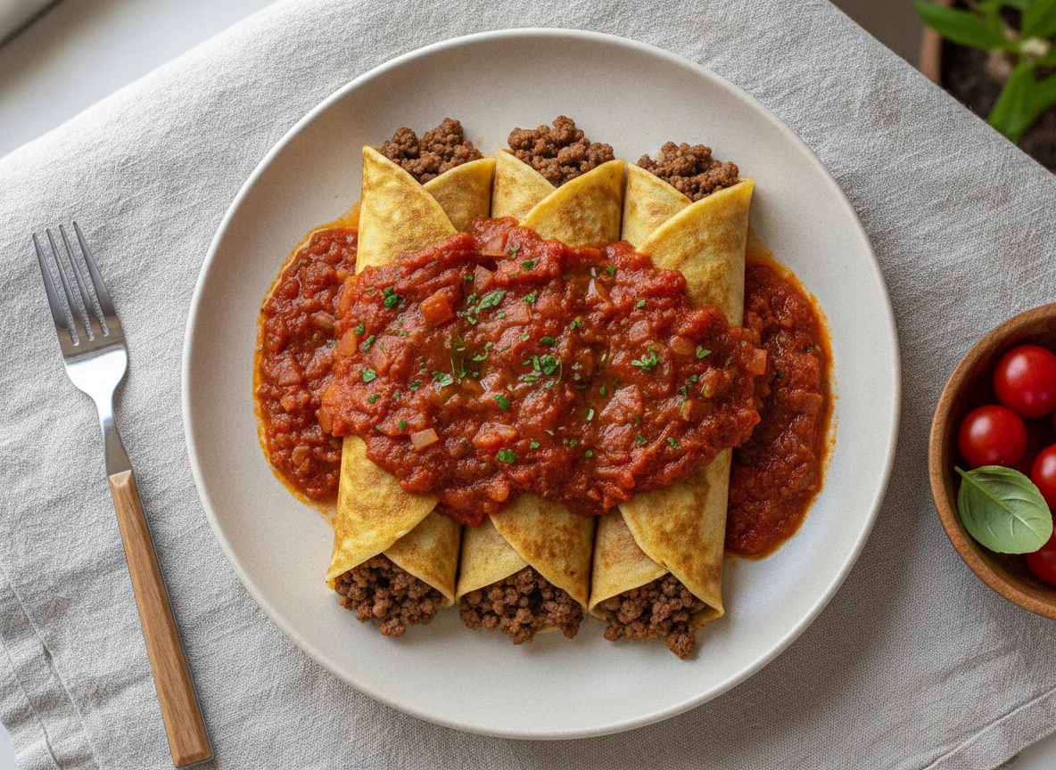Panquecas de carne moída com molho de tomate photo
