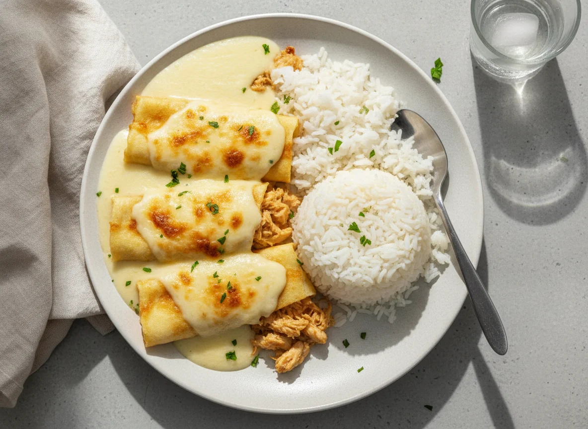Panquecas de frango com molho branco e arroz photo