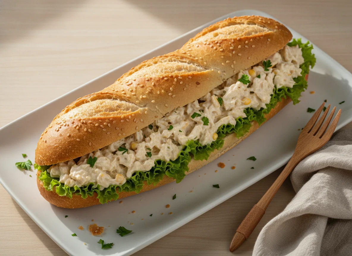 pão baguete com recheio de creme de frango e alface photo