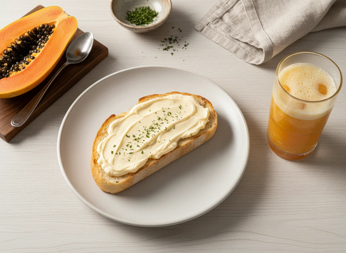 Pão ciabatta na chapa com requeijão, suco de laranja e mamão photo