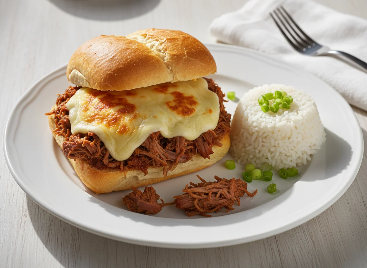 Pão com carne desfiada e queijo photo