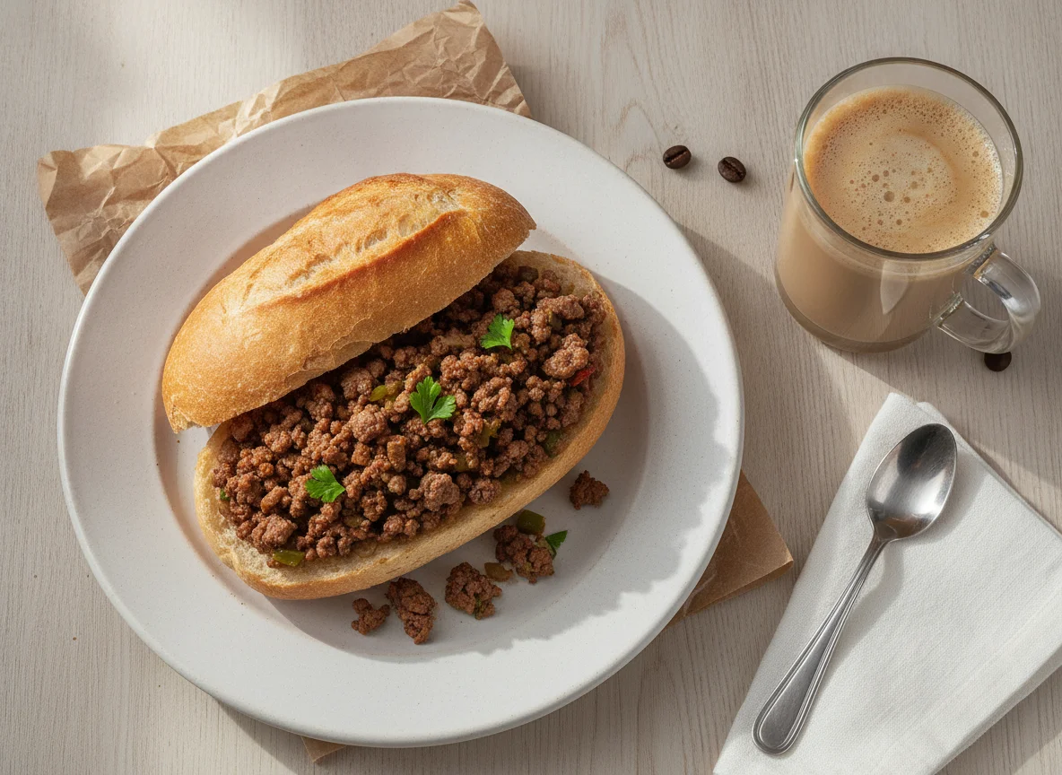 Pão com carne moída e café com leite photo
