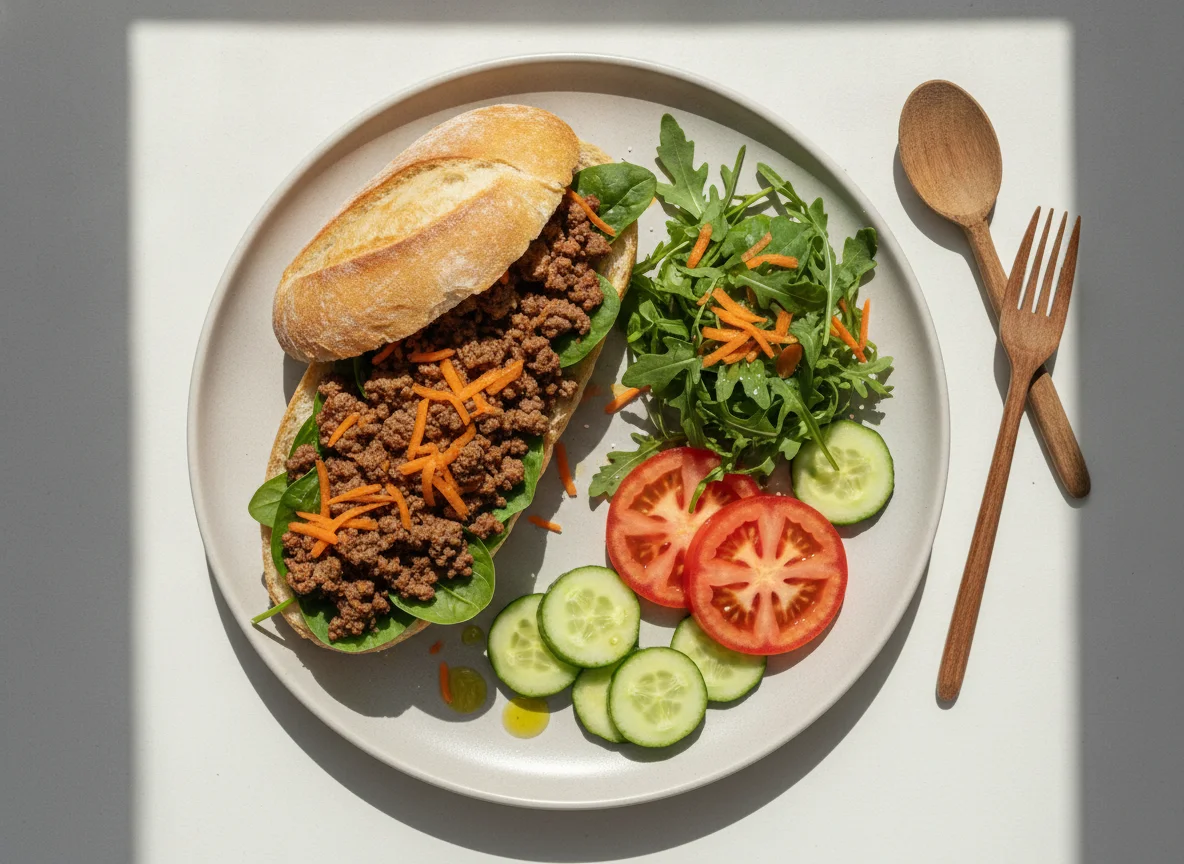 Pão com carne moída e salada mista photo