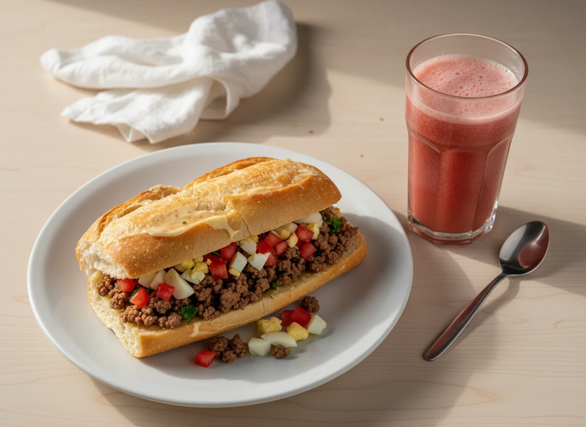 Pão com carne moída e suco photo