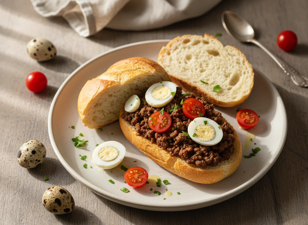 Pão com carne moída, ovos de codorna e tomate photo