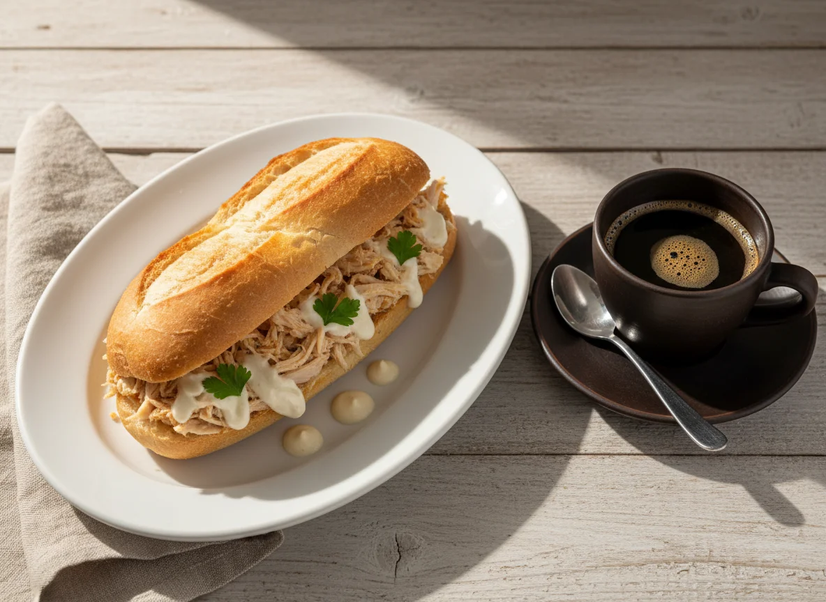 Pão com frango desfiado e café photo