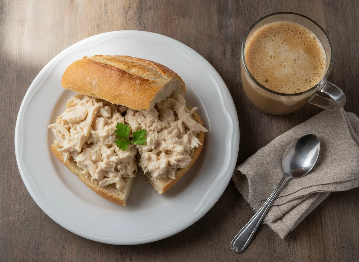Pão com frango desfiado e café com leite photo