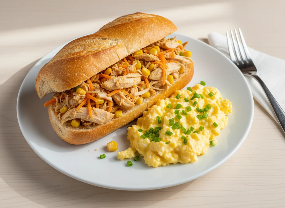 Pão com frango desfiado e ovos mexidos photo