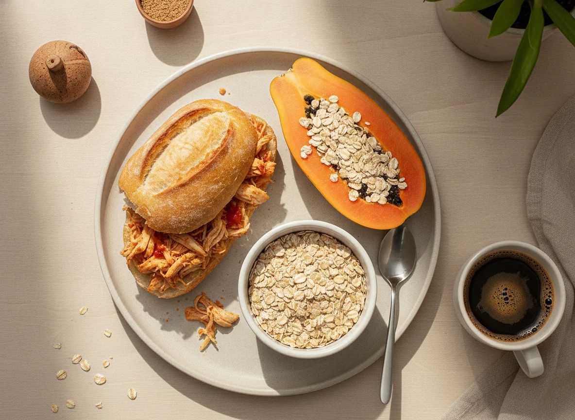 Pão com frango desfiado, mamão com aveia e café photo