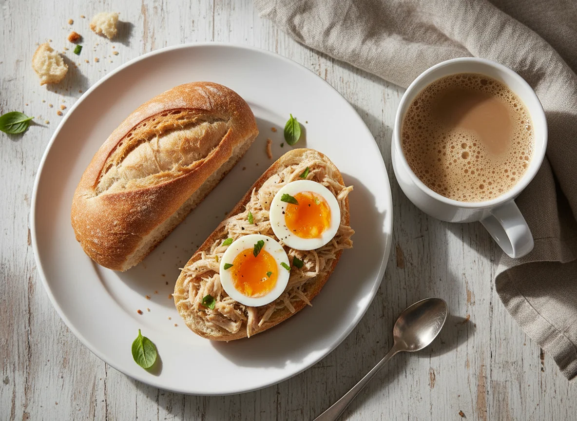 Pão com frango desfiado, ovo cozido e café com leite photo