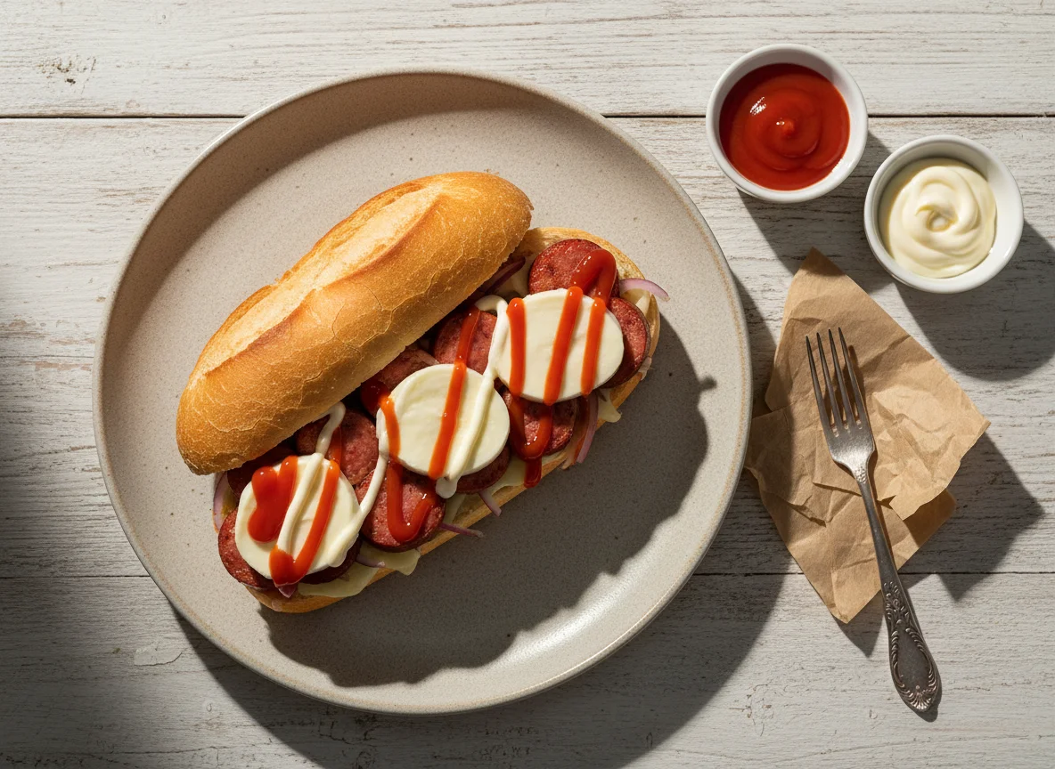 Pão com linguiça e molhos photo