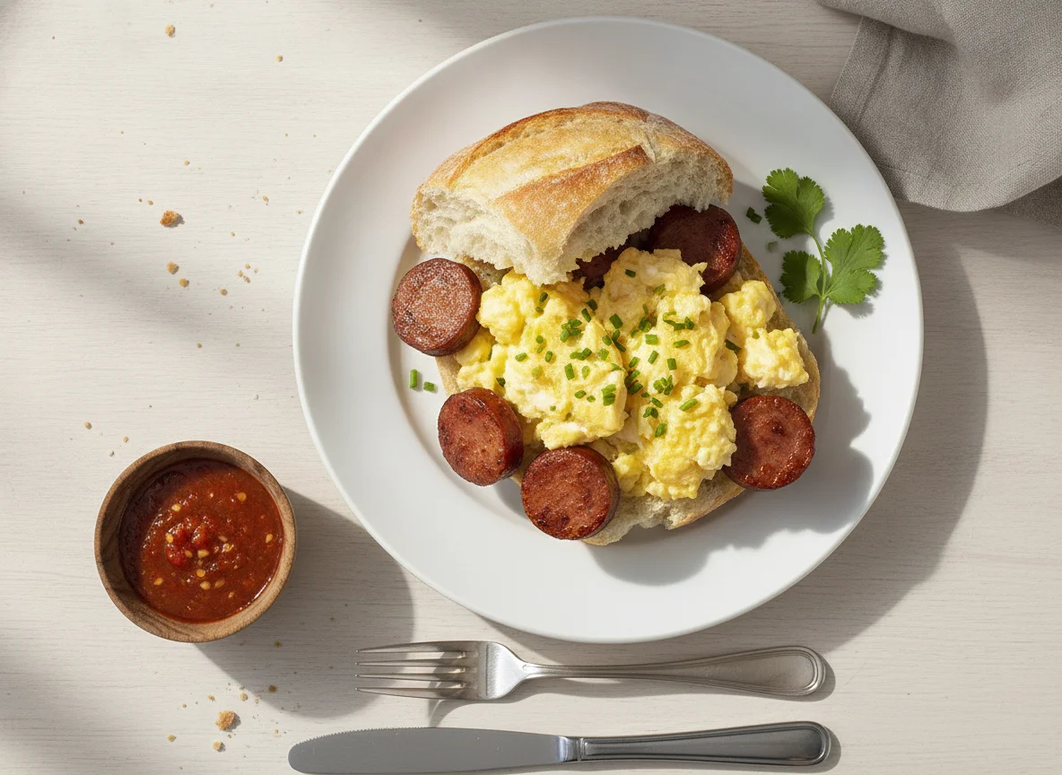 Pão com linguiça e ovos mexidos photo