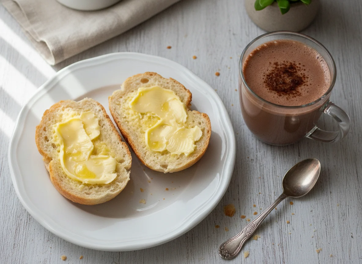 Pão com manteiga e bebida achocolatada photo