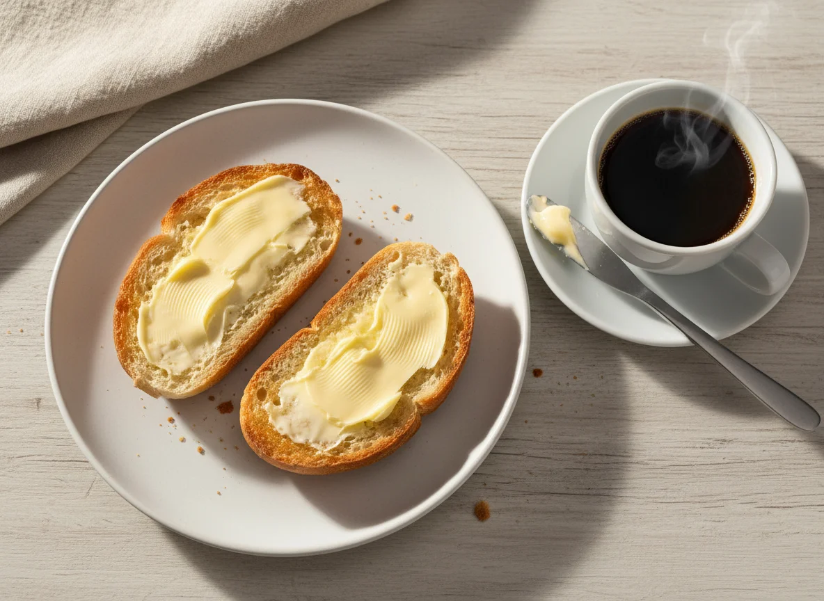 Pão com manteiga e café photo