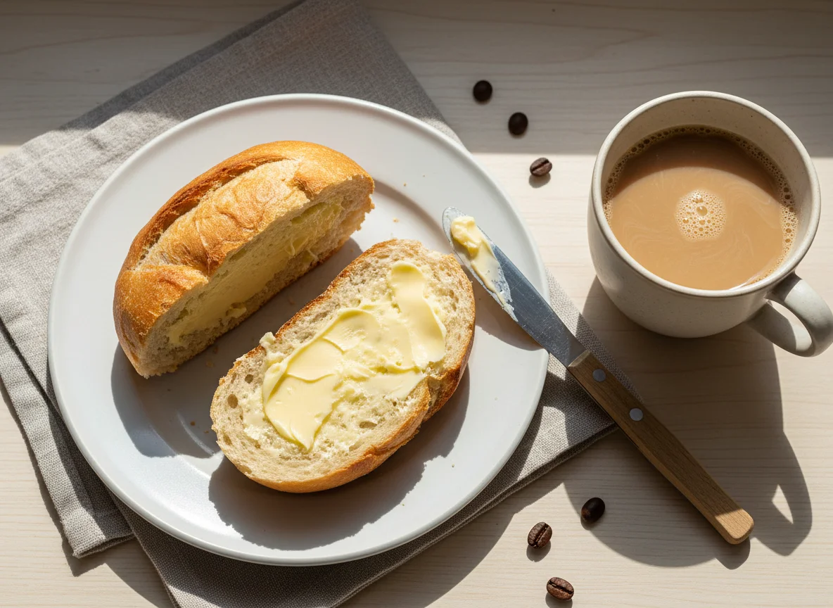 Pão com manteiga e café com leite photo
