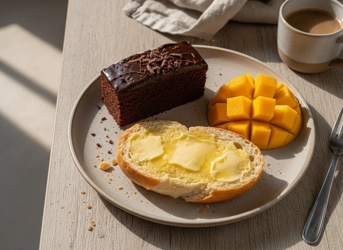 Pão com manteiga, manga e bolo de chocolate photo