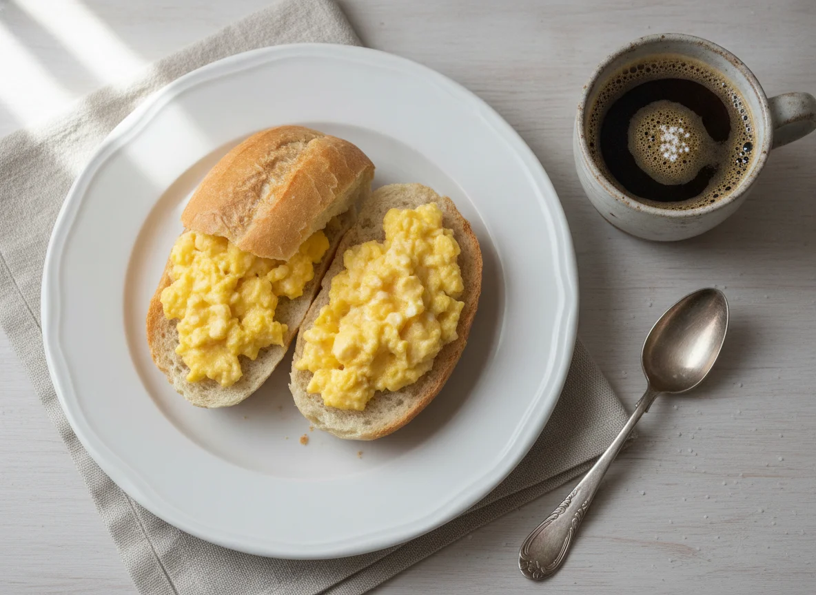 Pão com ovo e café com açúcar photo