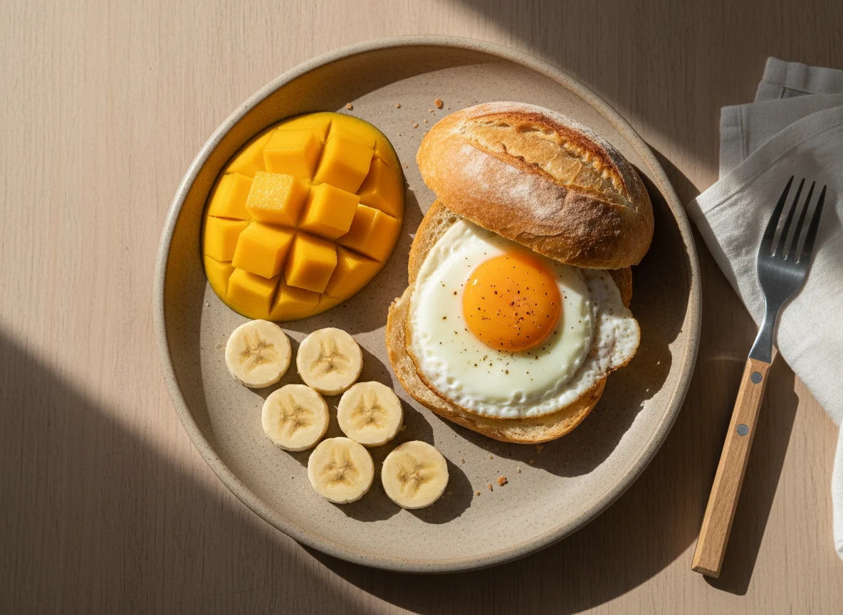 Pão com ovo frito, manga e banana photo