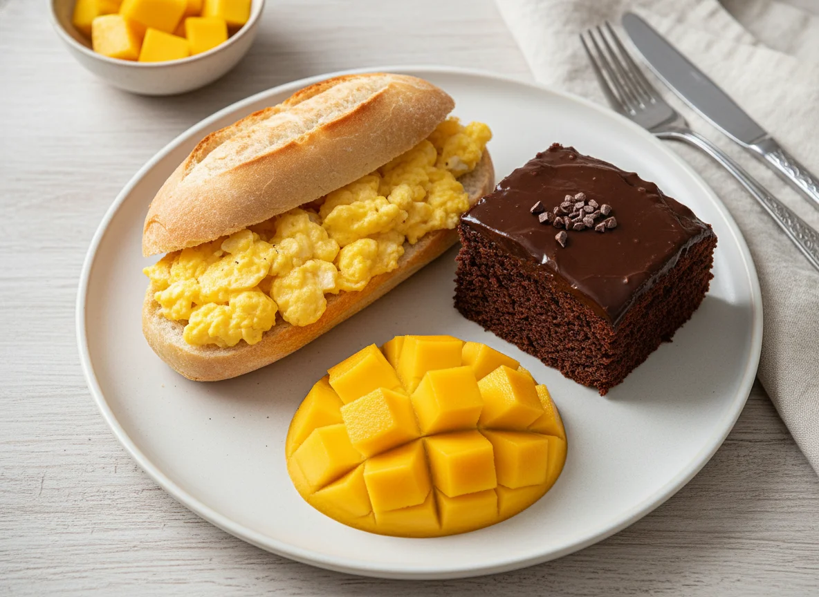 Pão com ovo, manga e bolo de chocolate photo