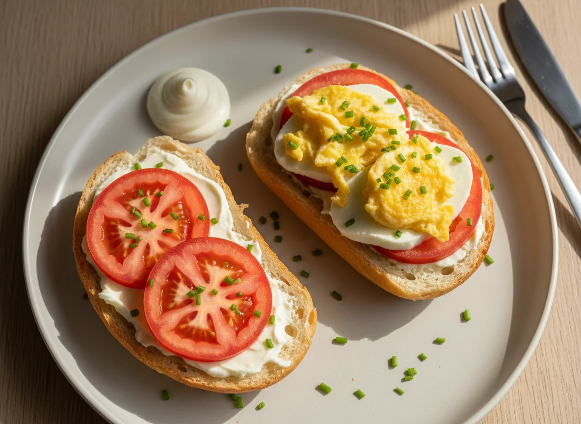Pão com ovo, queijo, tomate e requeijão light photo