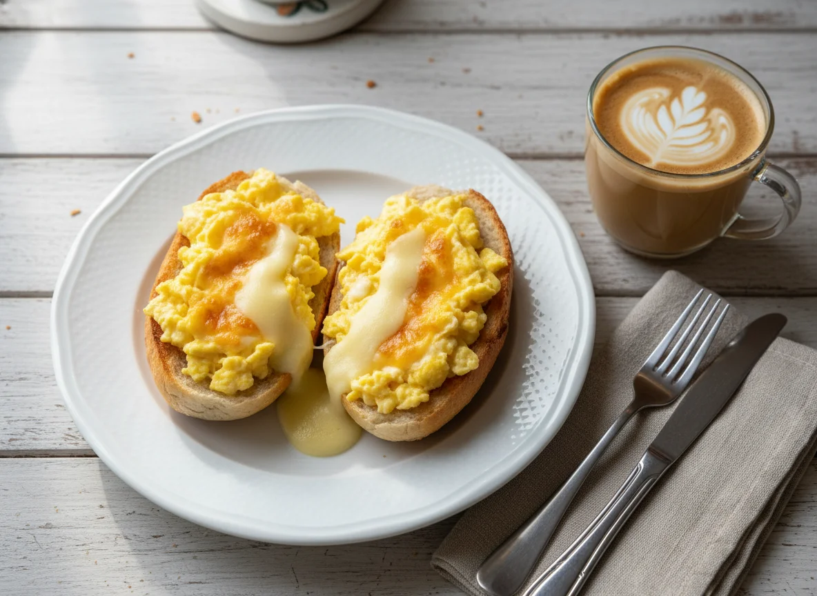 Pão com ovos e queijo e café com leite photo