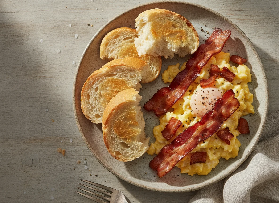 Pão com ovos mexidos e bacon photo