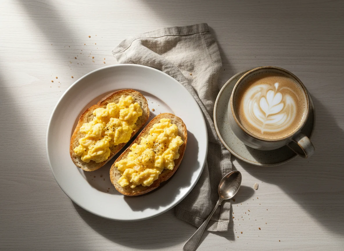 Pão com ovos mexidos e café com leite photo