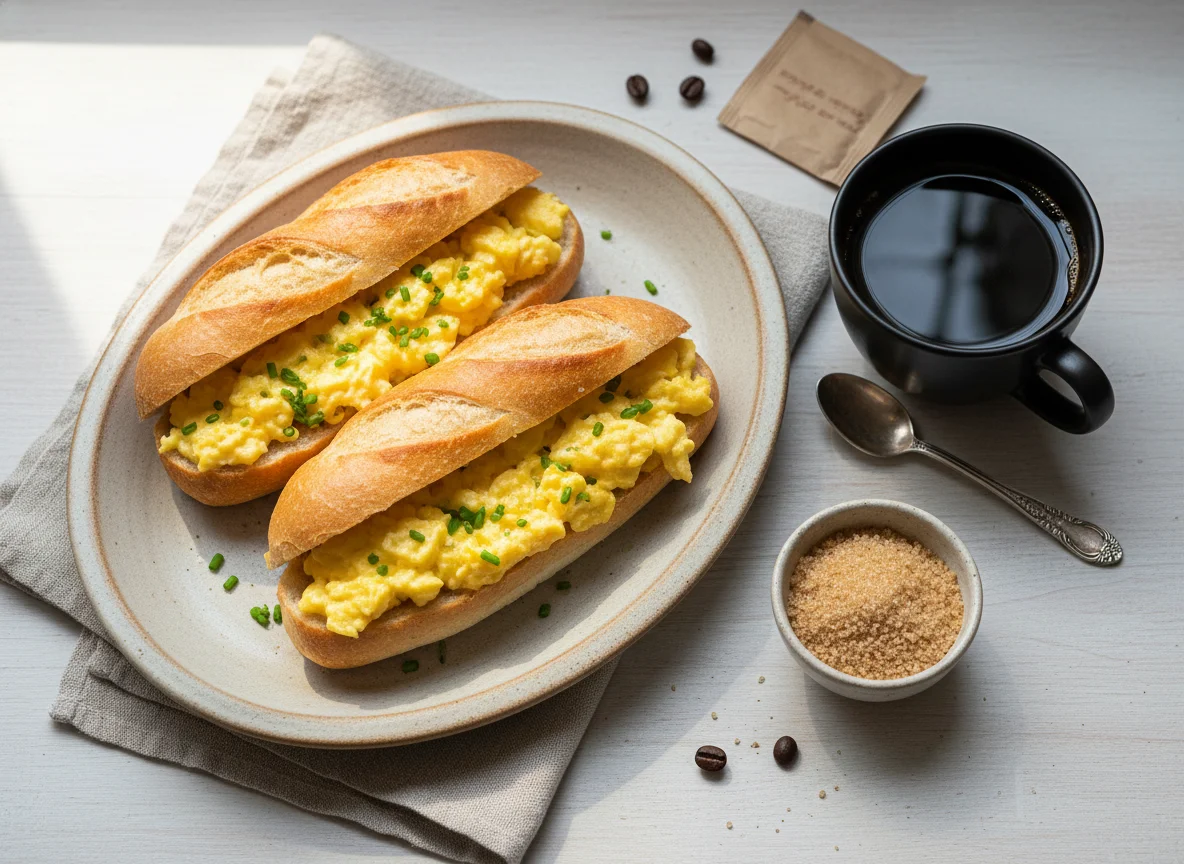 Pão com ovos mexidos e café preto com açúcar photo