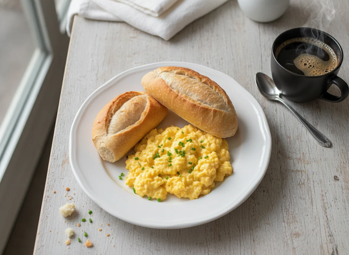 Pão com ovos mexidos e café photo