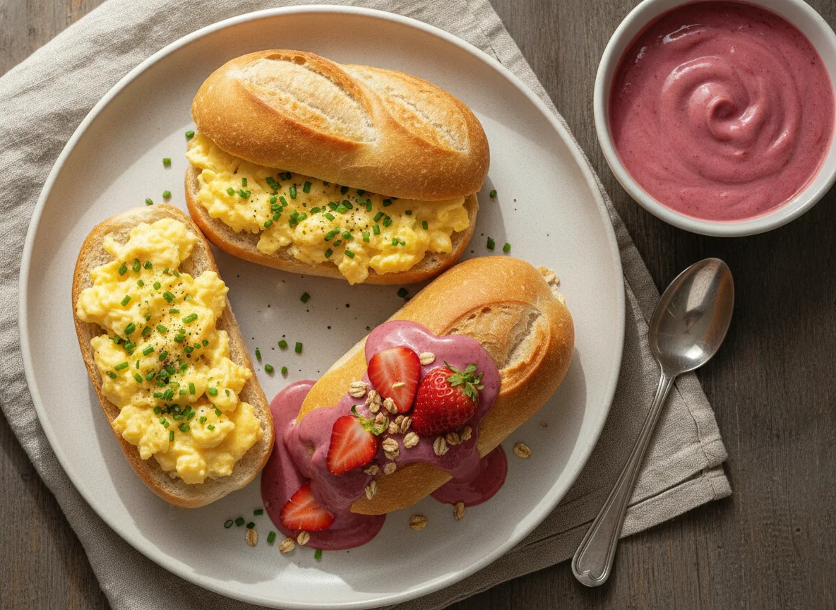 Pão com ovos mexidos e iogurte photo