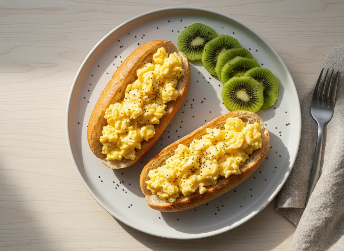 Pão com ovos mexidos e kiwi com chia photo