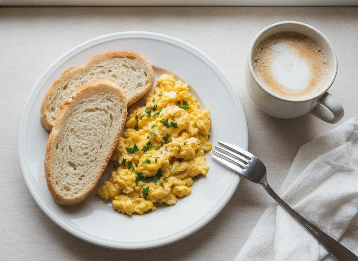 Pão com Ovos Mexidos e Leite com Café photo