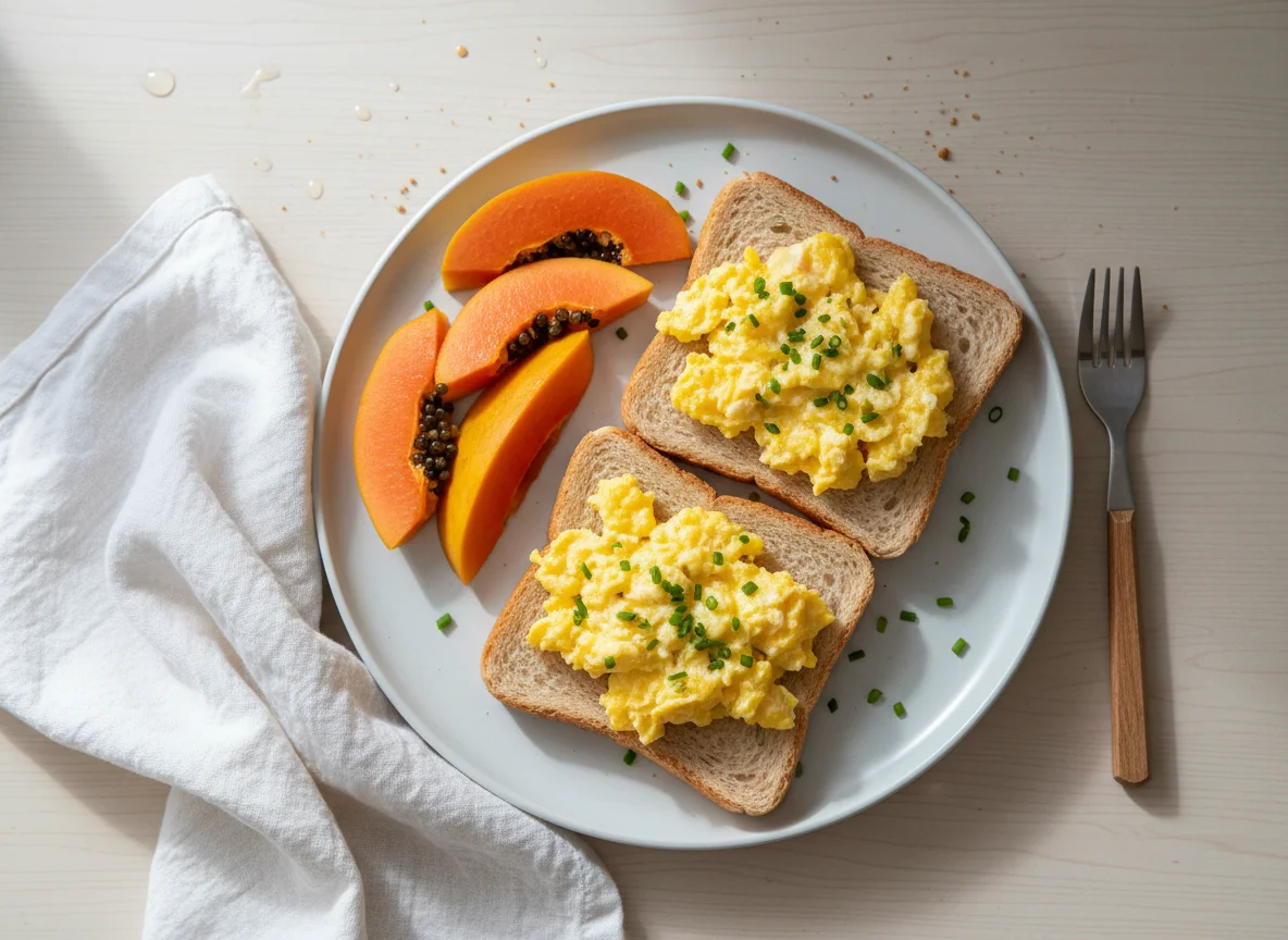 Pão com ovos mexidos e mamão photo