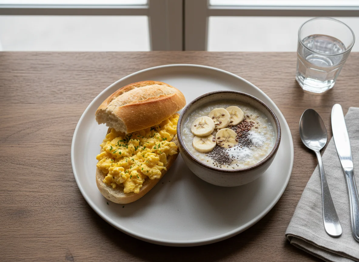 Pão com ovos mexidos e mingau de banana photo