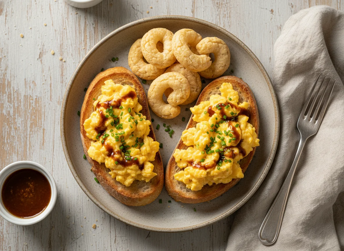 Pão com ovos mexidos e molho, e biscoitos de polvilho photo