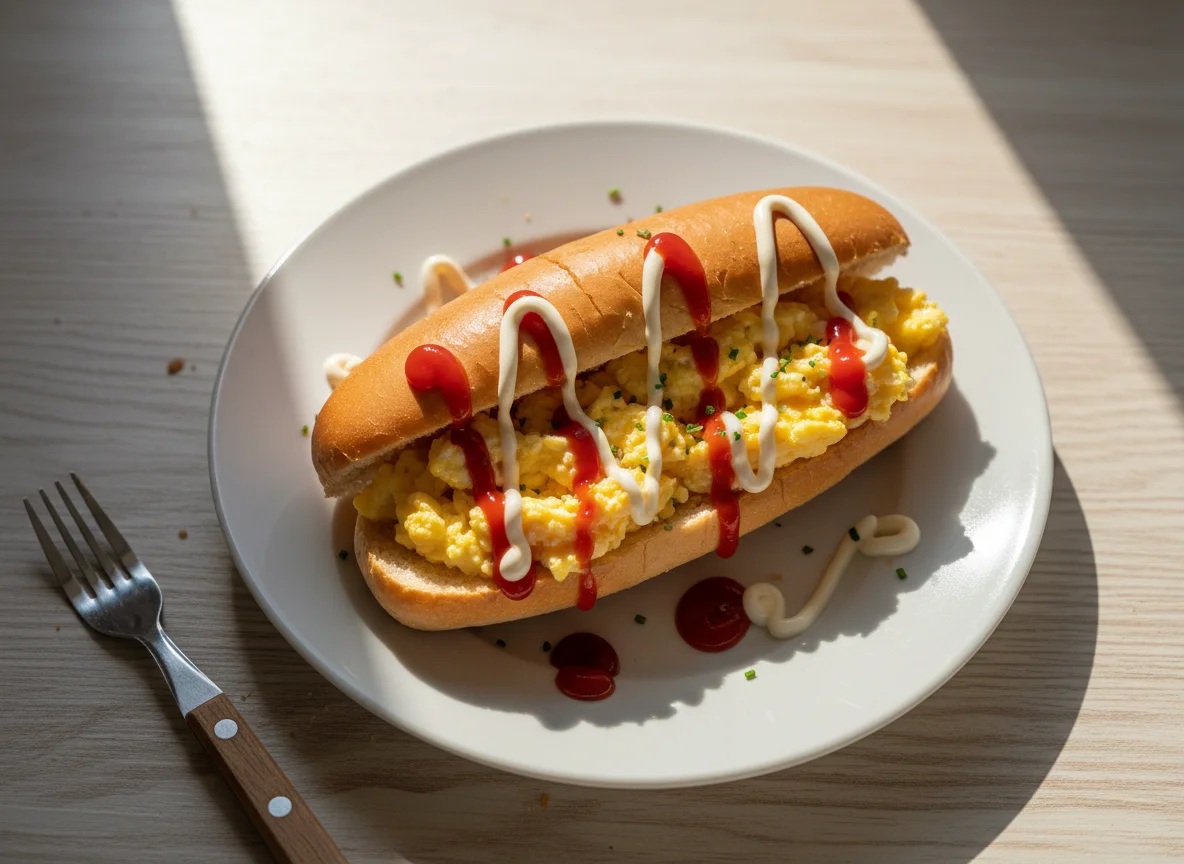 Pão com ovos mexidos e molhos photo