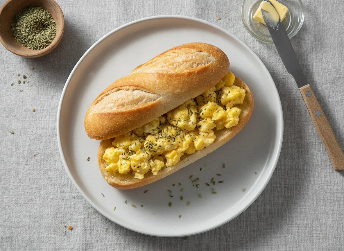 Pão com ovos mexidos e orégano photo
